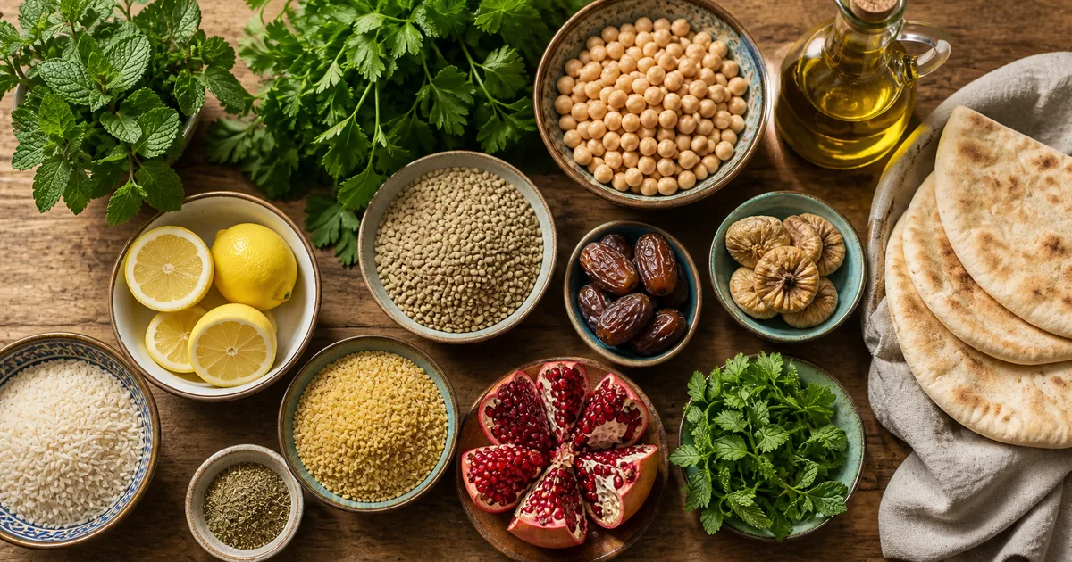 Despensa de ingredientes típicos árabes con legumbres, hierbas, frutos y pan