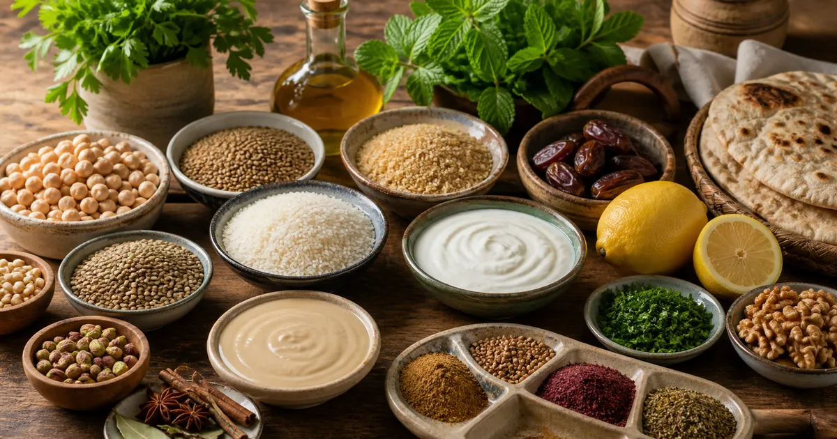 Despensa árabe con garbanzos, cereales, tahina, yogur, aceite, hierbas, especias, pan, dátiles y frutos secos