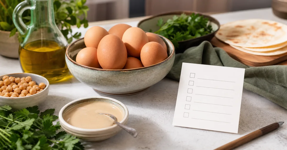 Selección de alimentos halal: huevos, carne, lácteos, especias y pan