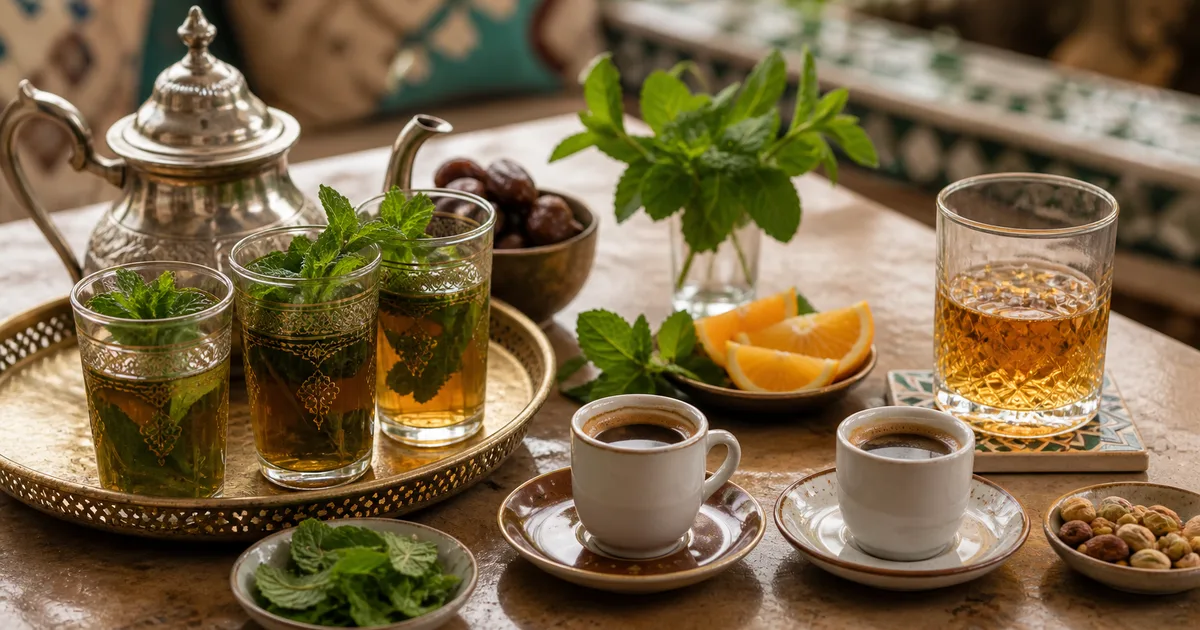 Té de menta, café árabe y bebidas de sobremesa en una mesa cálida