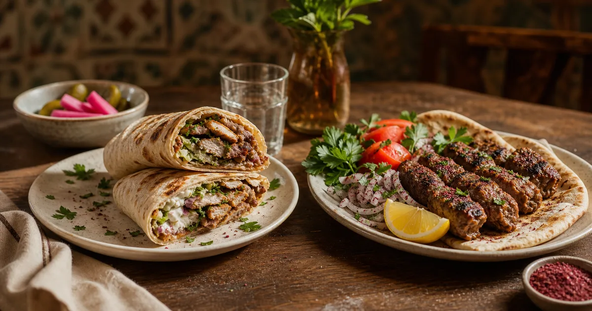 Shawarma cortado en pan y kebab a la parrilla sobre pan plano con hierbas y limón
